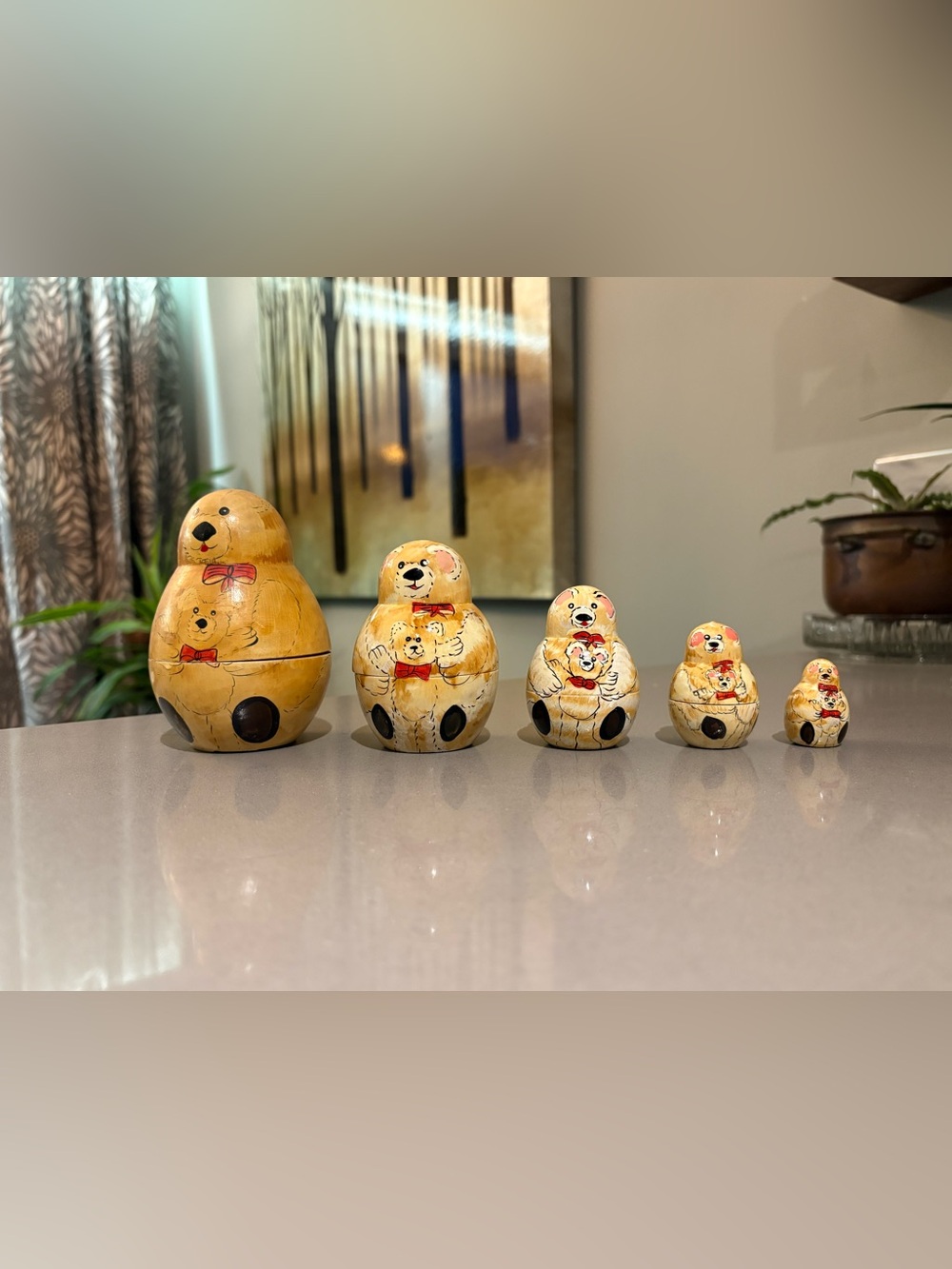 Antique Yellow Bear Nesting Dolls Set with Red Accents